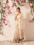Beige Banarasi art silk saree with floral digital print details