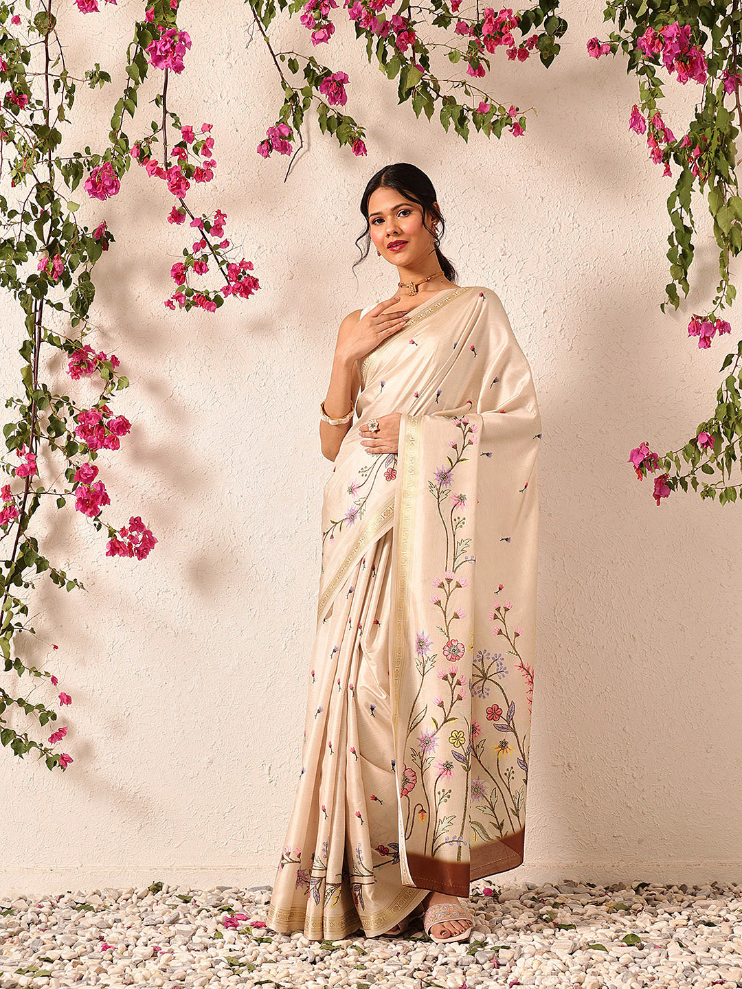Beige Banarasi art silk saree with floral digital print details