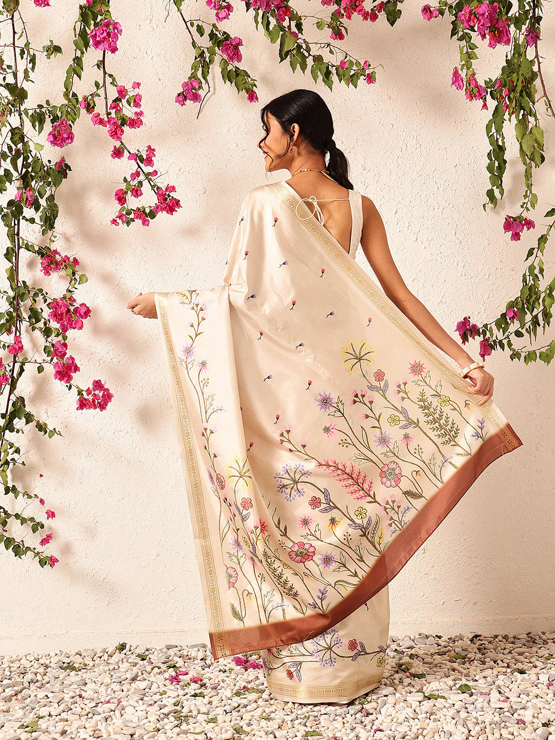Beige Banarasi Art Silk Saree with Floral Digital Prints