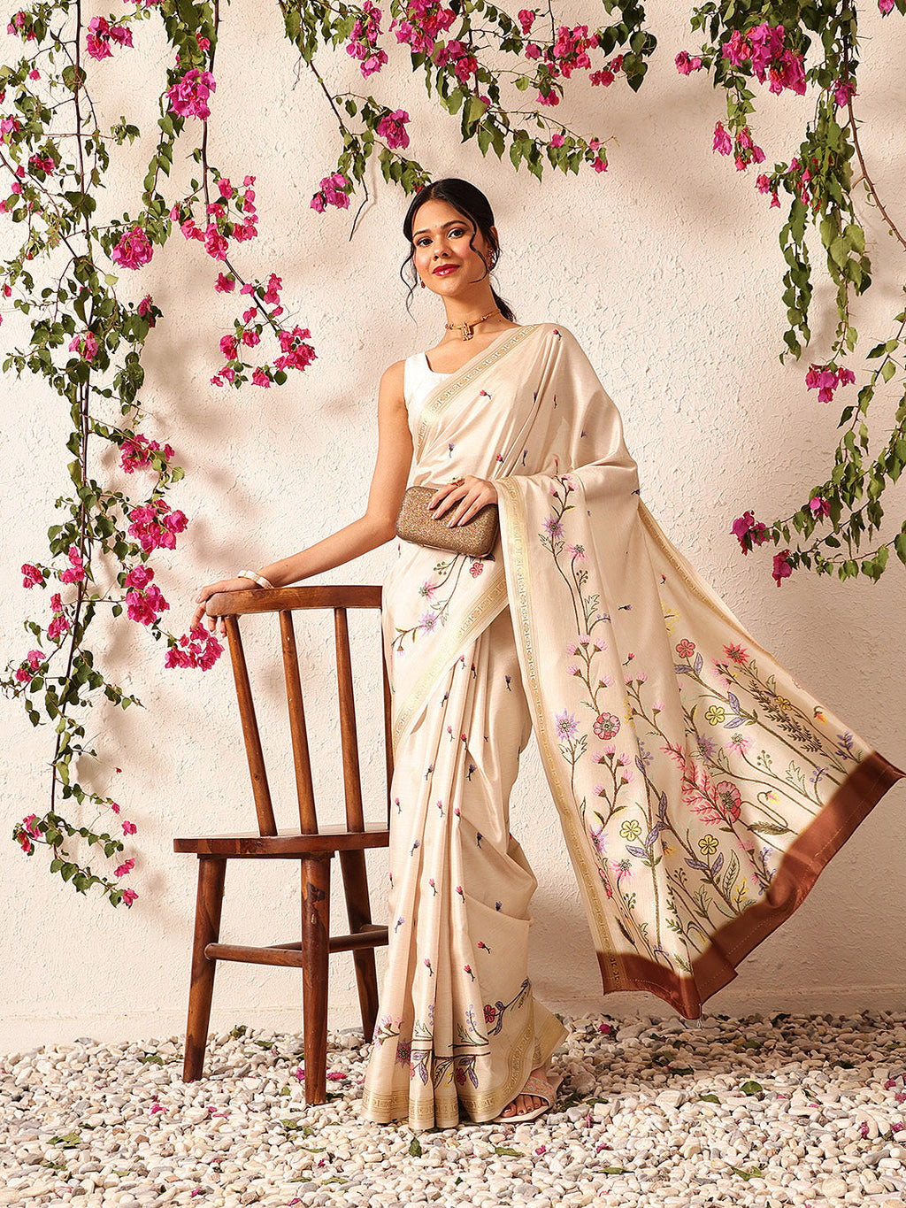 Beige Banarasi Art Silk Saree with Floral Digital Prints