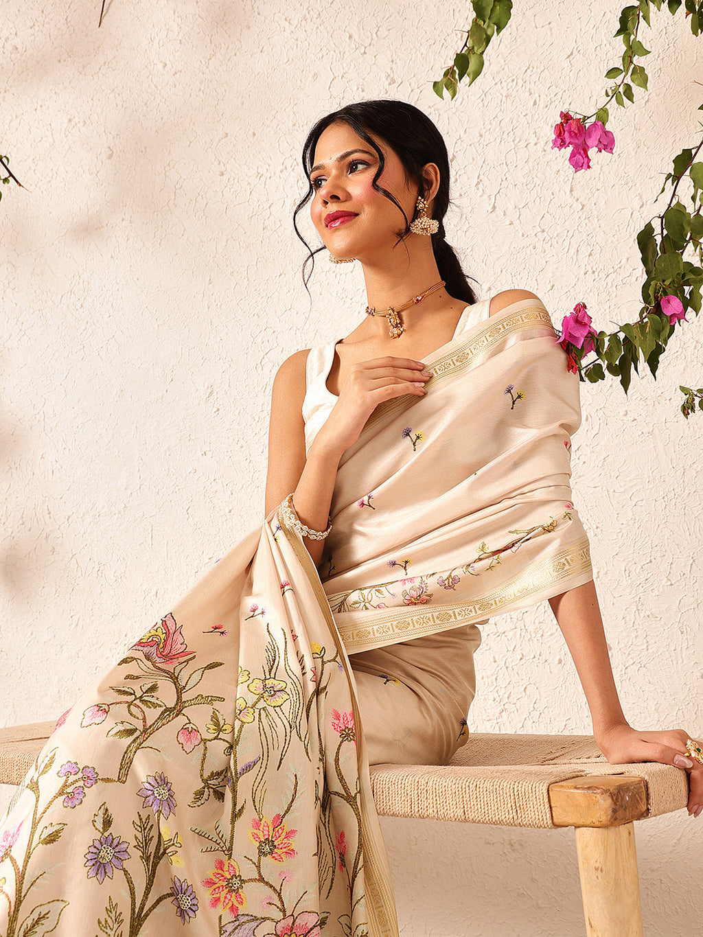 Beige Banarasi Art Silk Saree with Floral Digital Print