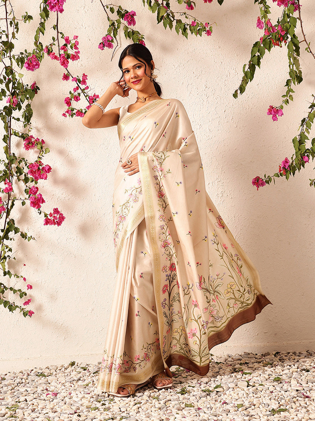 Beige Banarasi art silk saree with vivid floral digital prints