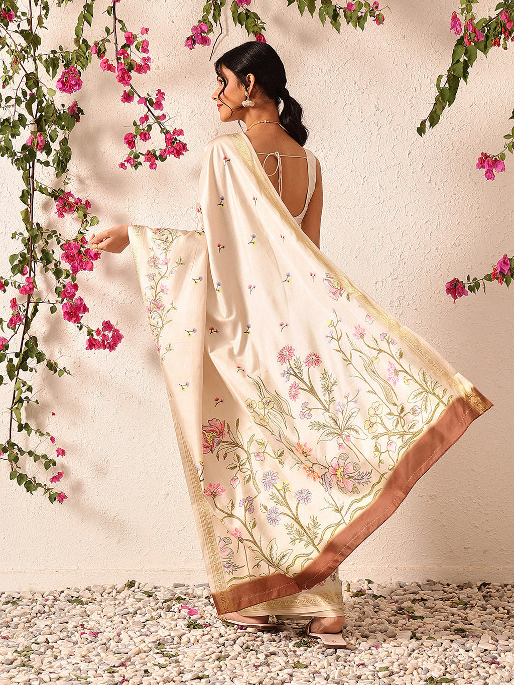 Beige Banarasi Art Silk Saree with Floral Digital Print