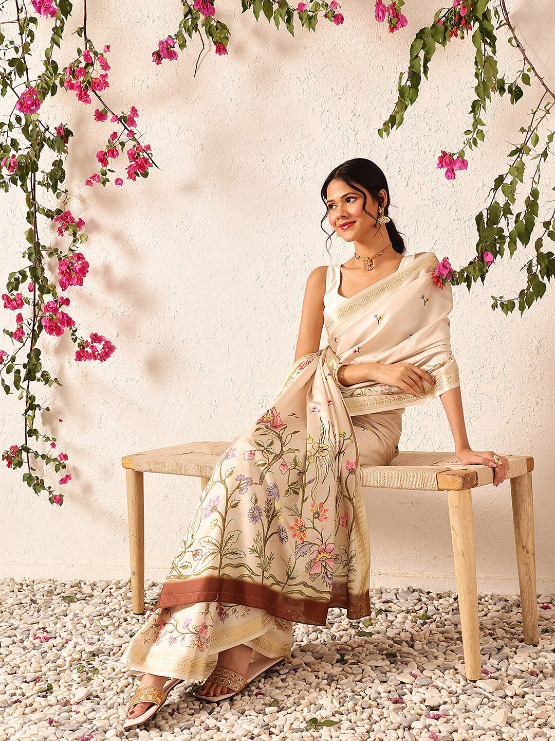 Beige Banarasi Art Silk Saree with Floral Digital Print