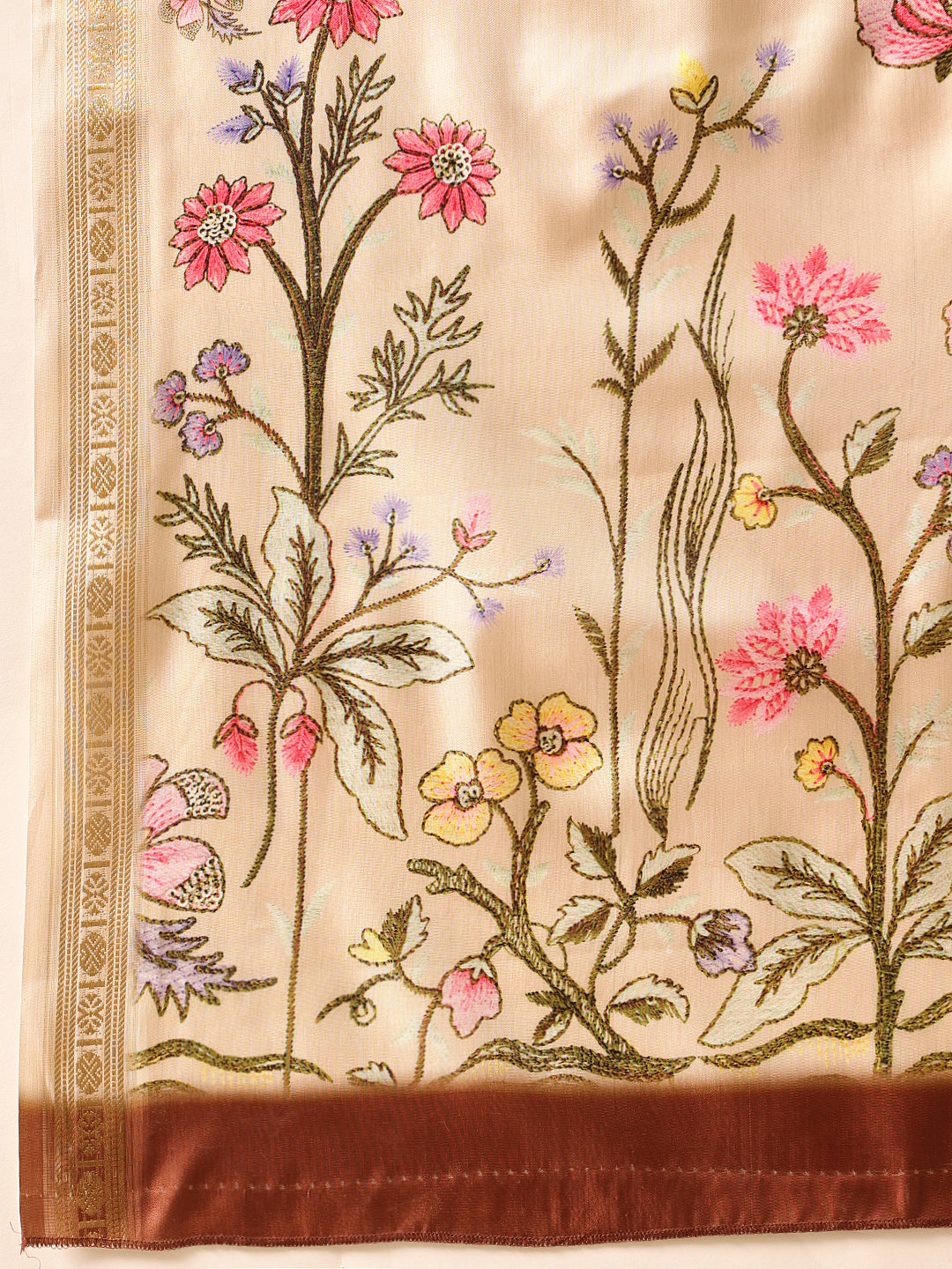 Beige Banarasi Art Silk Saree with Floral Digital Print