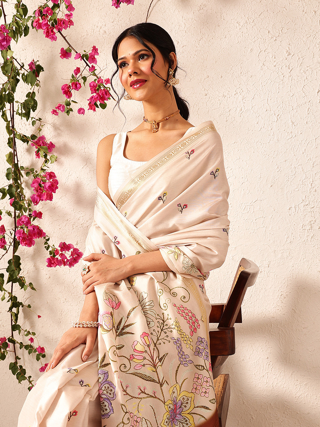 Beige Banarasi Art Silk Saree with Floral Digital Print