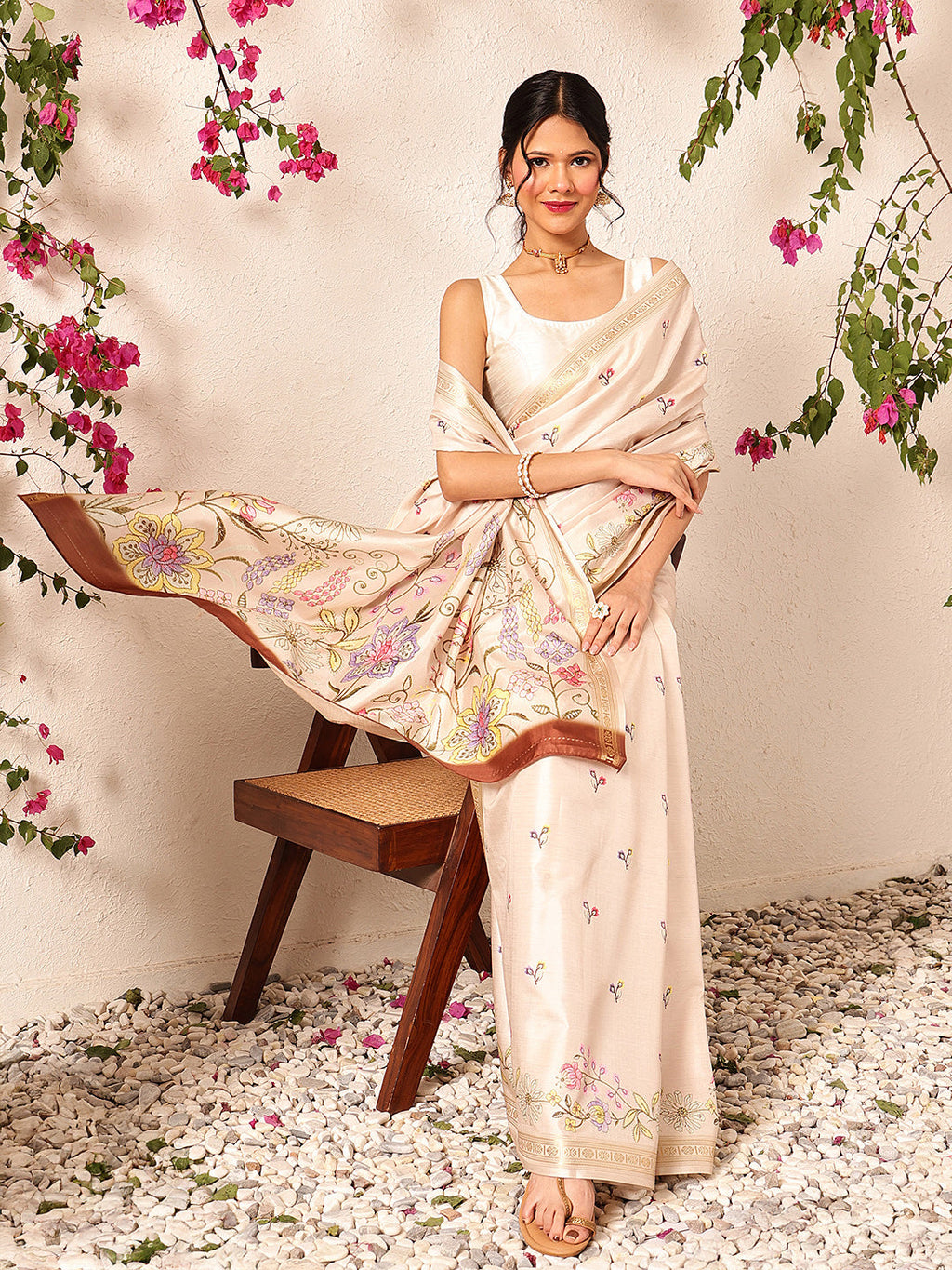 Beige Banarasi Art Silk Saree with Floral Digital Print