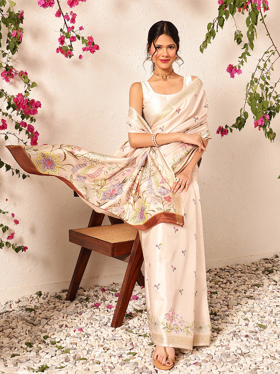 Beige Banarasi Art Silk Saree with Floral Digital Print