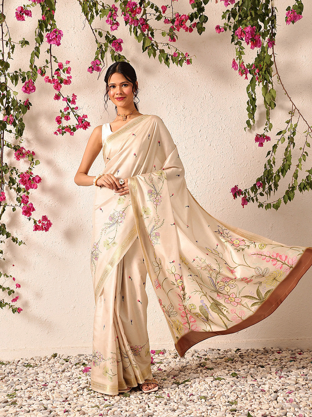 Elegant beige Banarasi Art Silk saree with floral digital prints