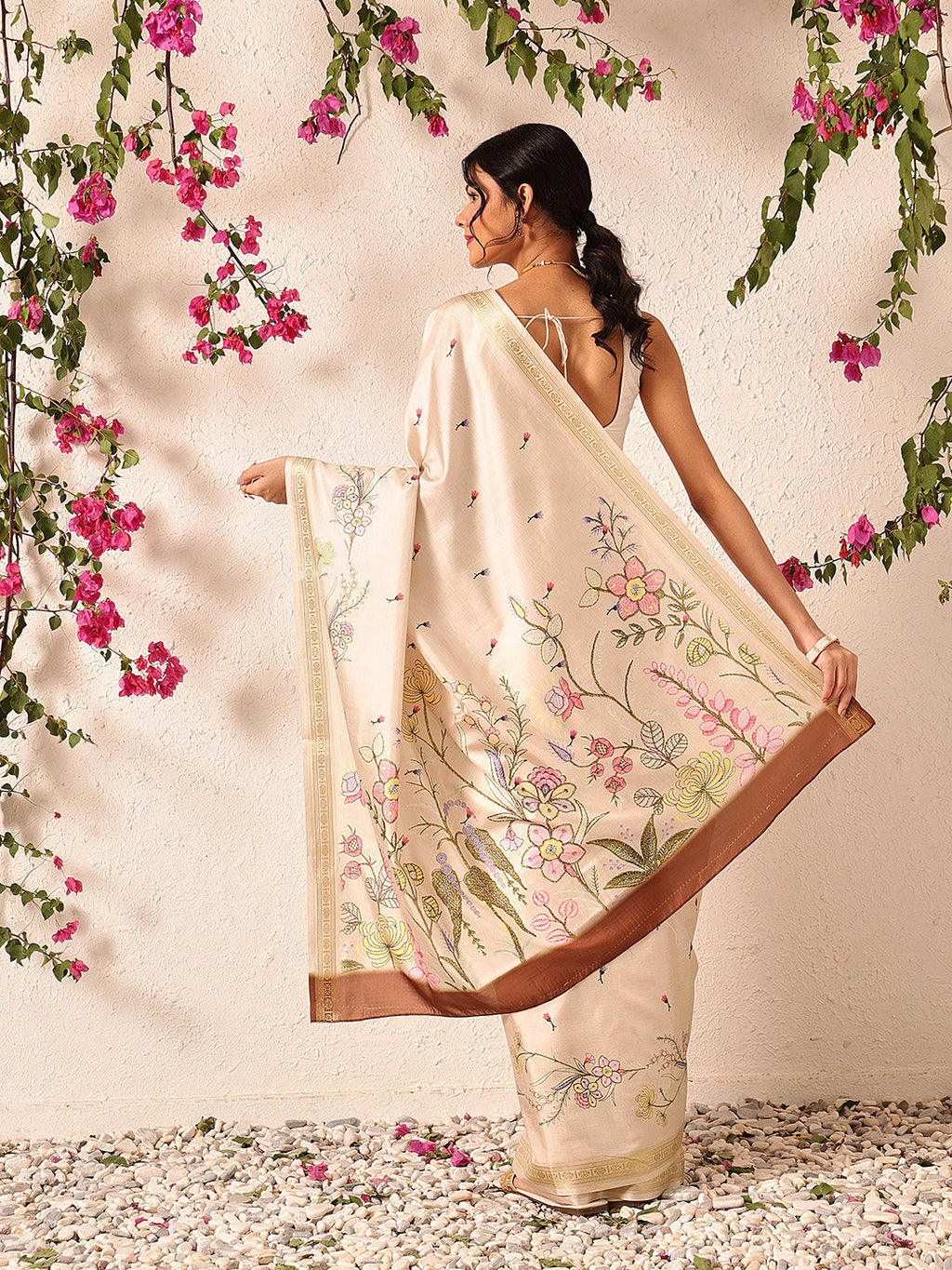 Beige Banarasi Art Silk Saree with Floral Digital Print