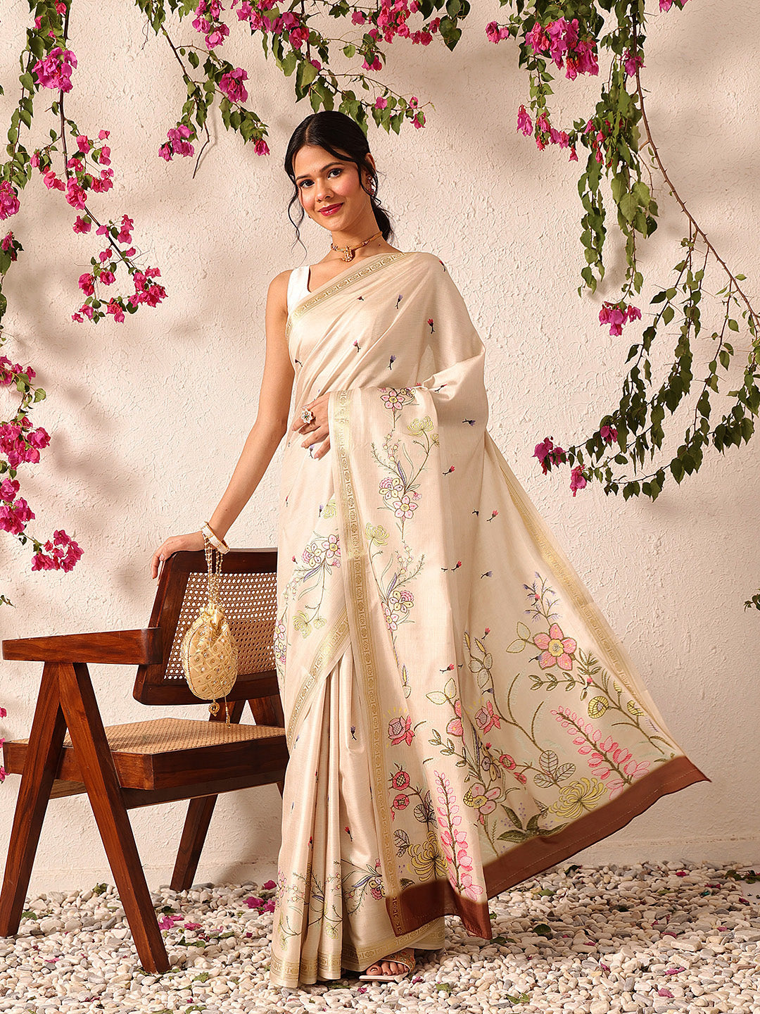 Beige Banarasi Art Silk Saree with Floral Digital Print