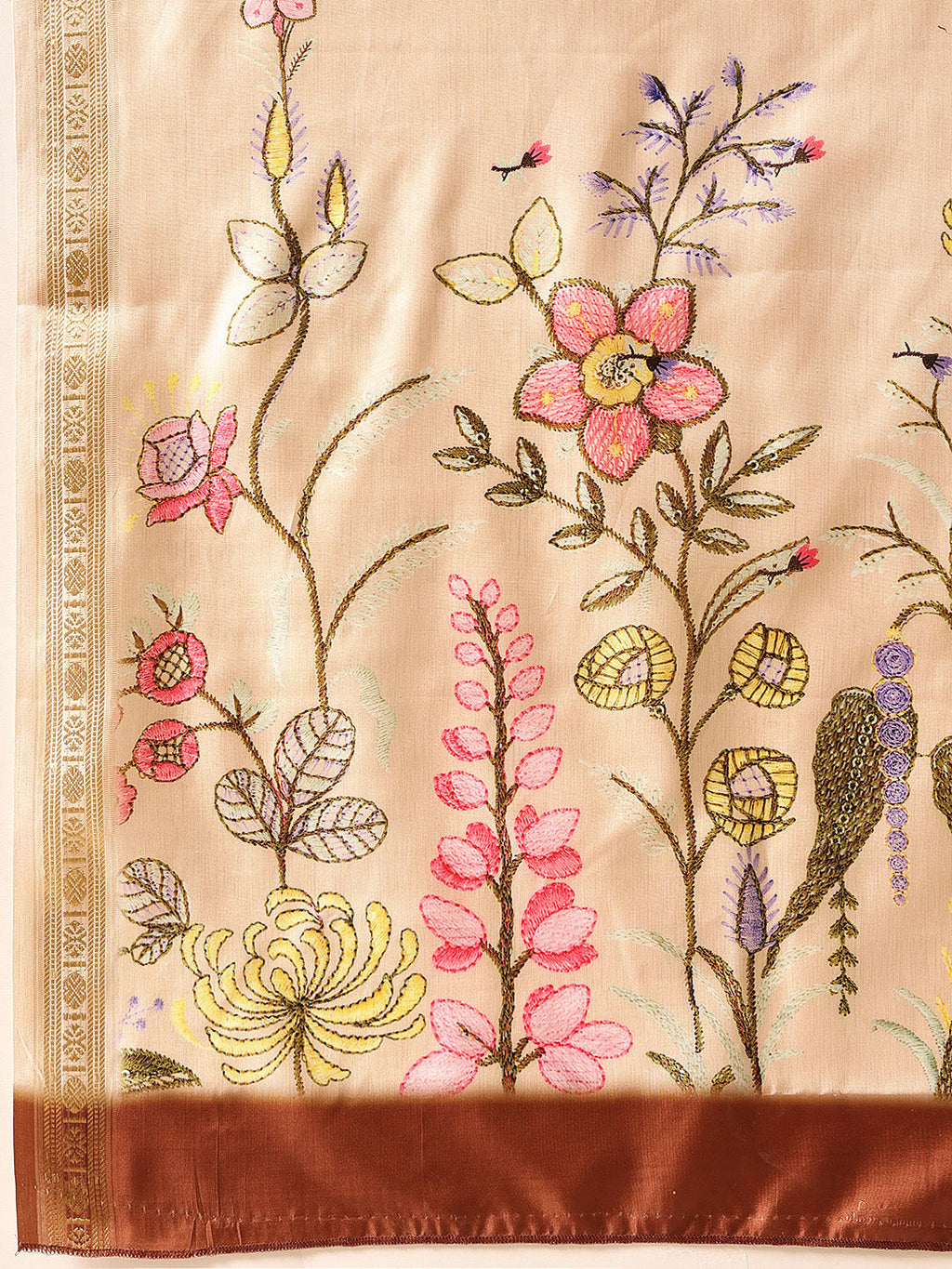 Beige Banarasi Art Silk Saree with Floral Digital Print