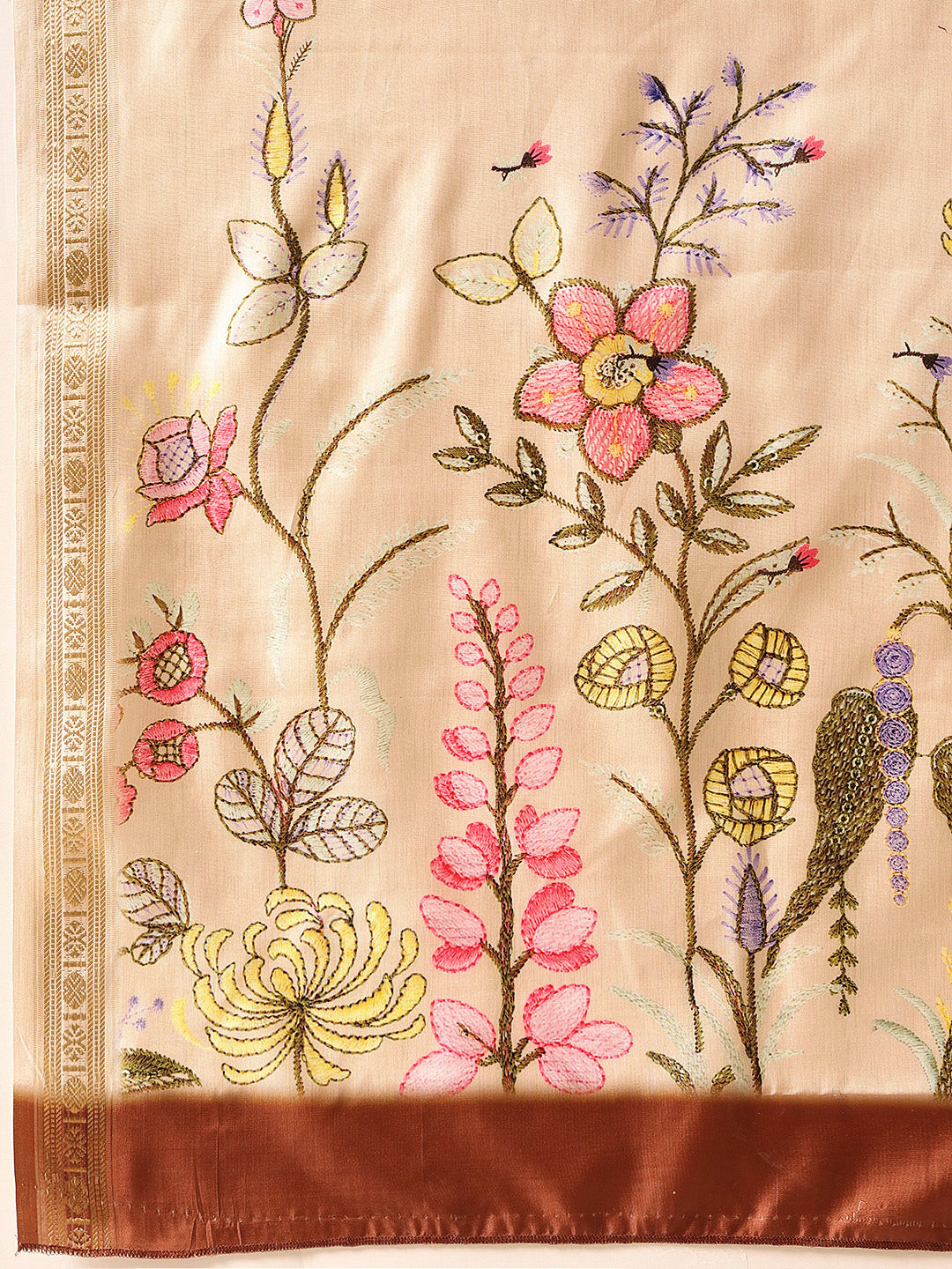 Beige Banarasi Art Silk Saree with Floral Digital Print