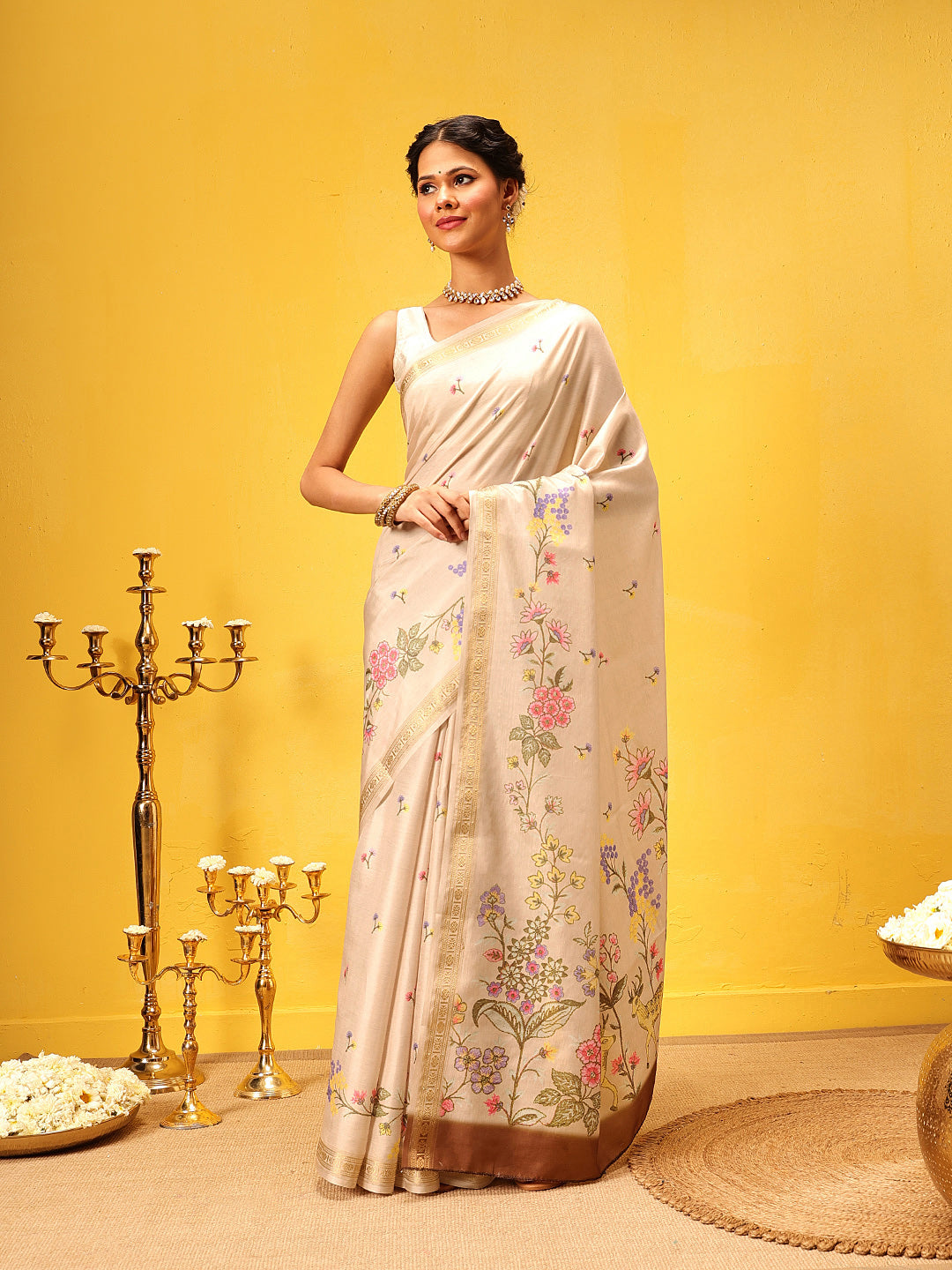 Beige Banarasi Art Silk Saree with floral digital print detailing
