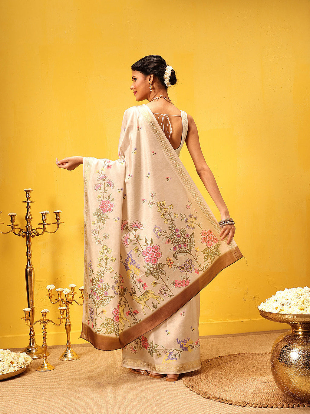 Beige Banarasi Art Silk Saree with Floral Digital Prints
