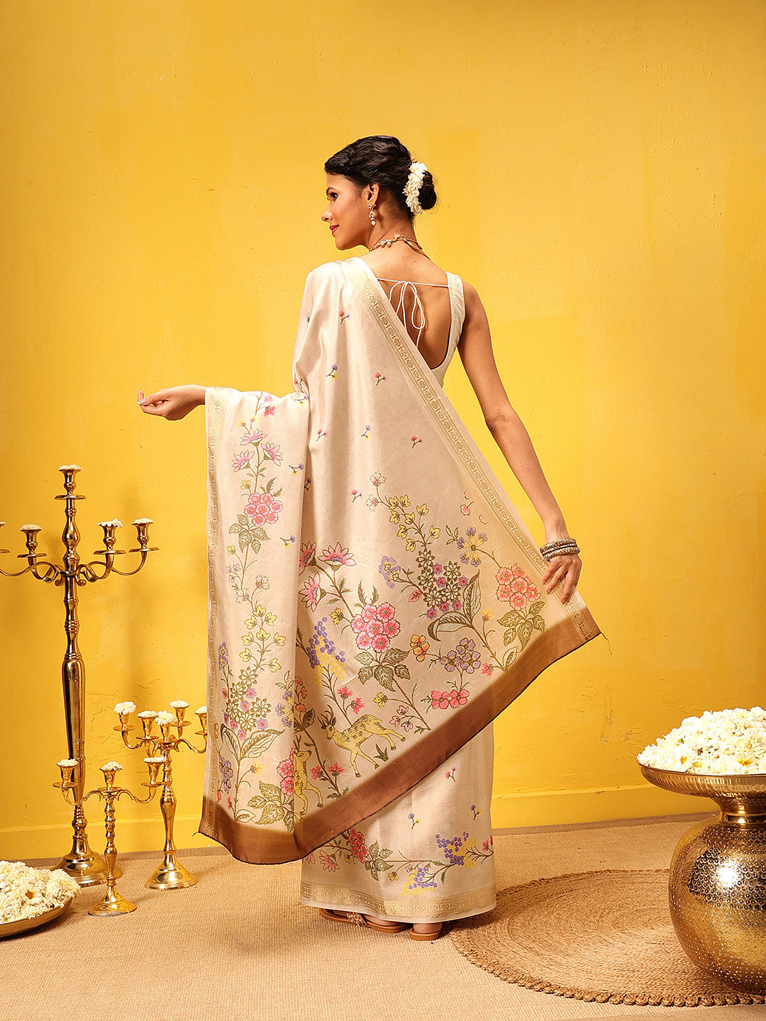 Beige Banarasi Art Silk Saree with Floral Digital Prints
