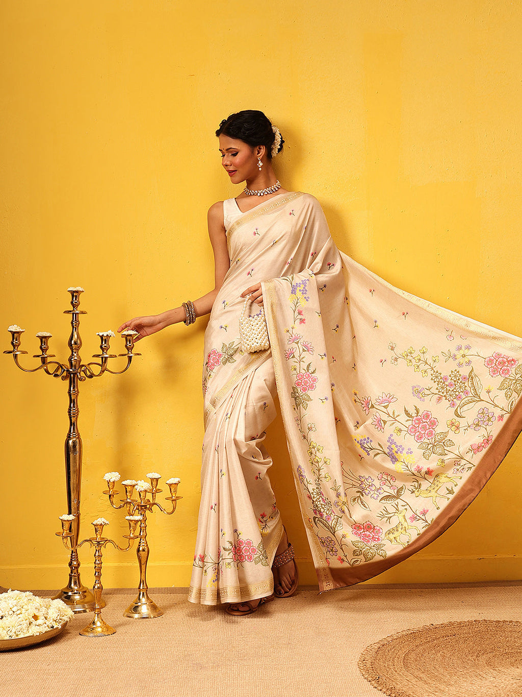 Beige Banarasi Art Silk Saree with Floral Digital Prints