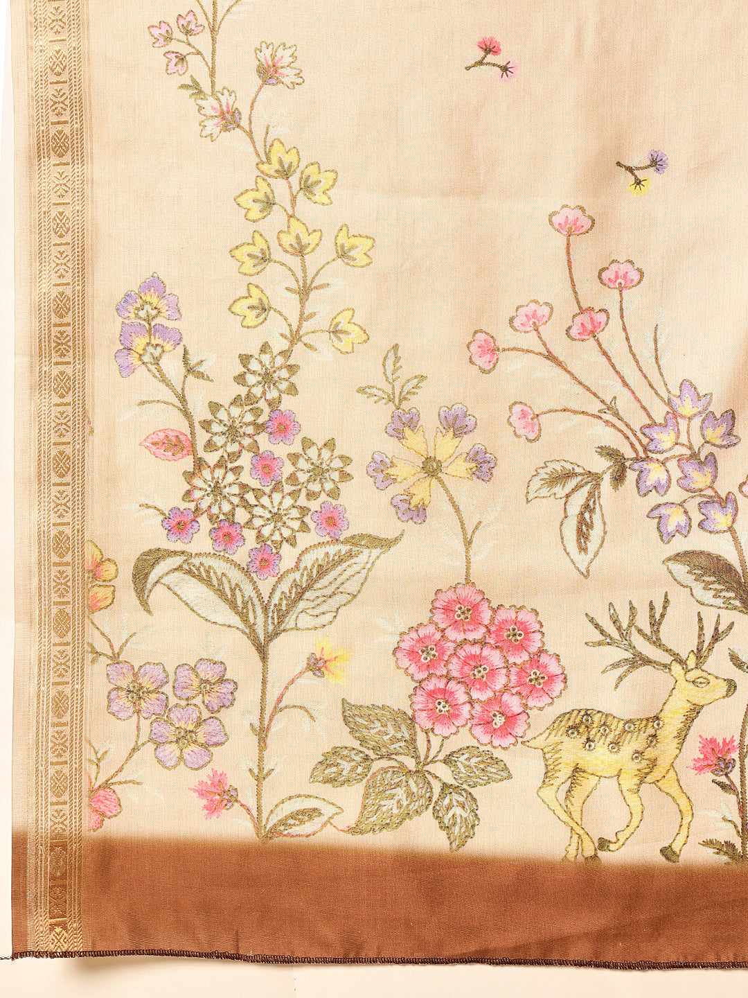 Beige Banarasi Art Silk Saree with Floral Digital Prints