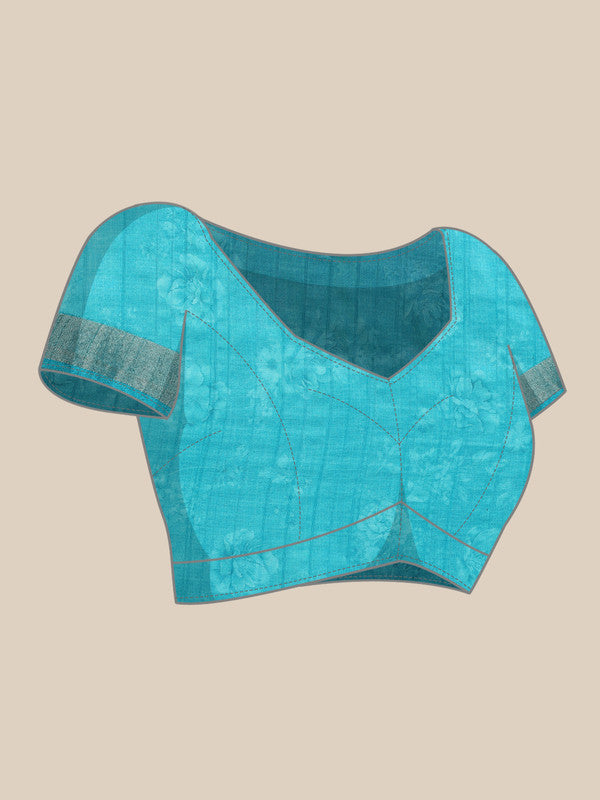 Turquoise Tusser Silk Digital Print Floral Saree with Unstitched Blouse - Hiral Fashion