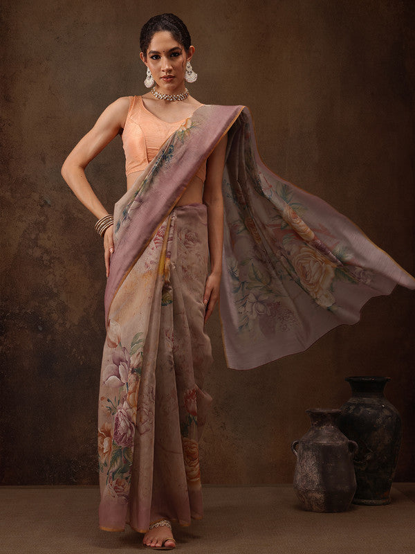 Beige digital print floral cotton blend saree with matching unstitched blouse