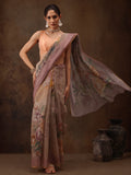 Beige digital print floral cotton blend saree with matching unstitched blouse