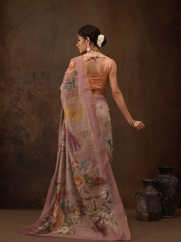 Beige Floral Digital Print Cotton Blend Saree with Blouse Piece
