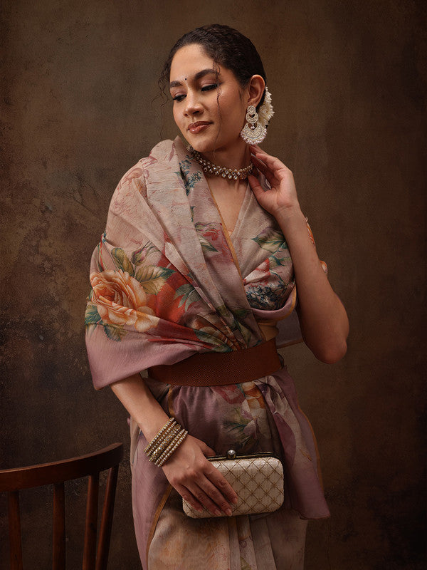 Beige Floral Digital Print Cotton Blend Saree with Blouse Piece