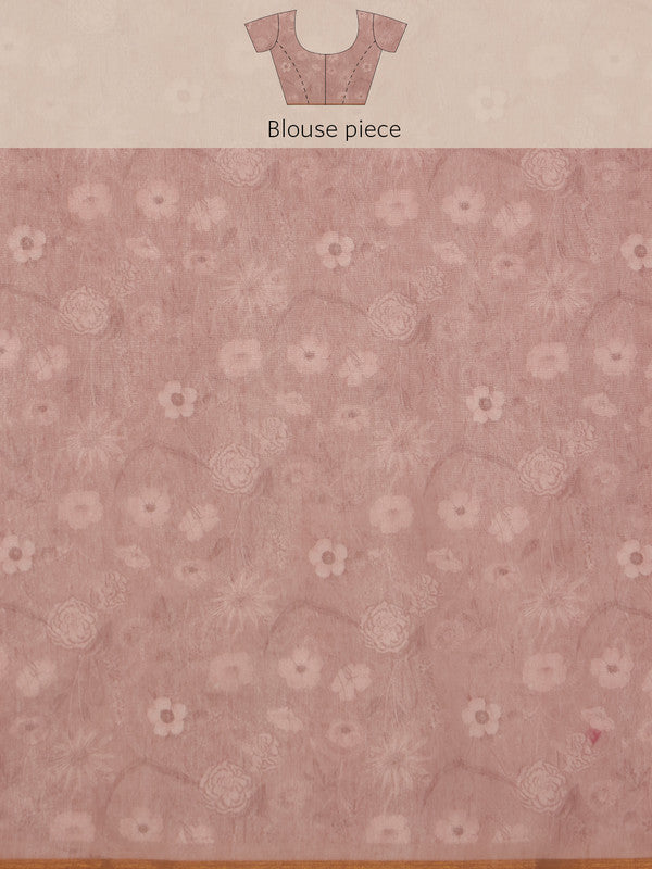 Beige Floral Digital Print Cotton Blend Saree with Blouse Piece