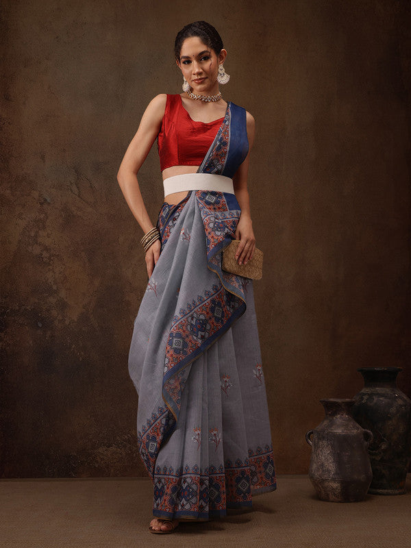 Gray cotton blend saree featuring a soft floral digital print with unstitched blouse piece