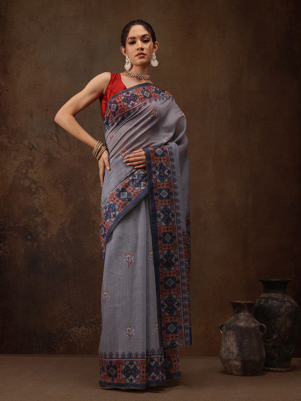 Gray Cotton Blend Saree with Floral Digital Print