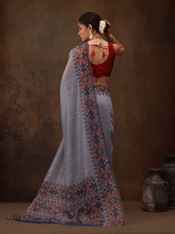 Gray Cotton Blend Saree with Floral Digital Print