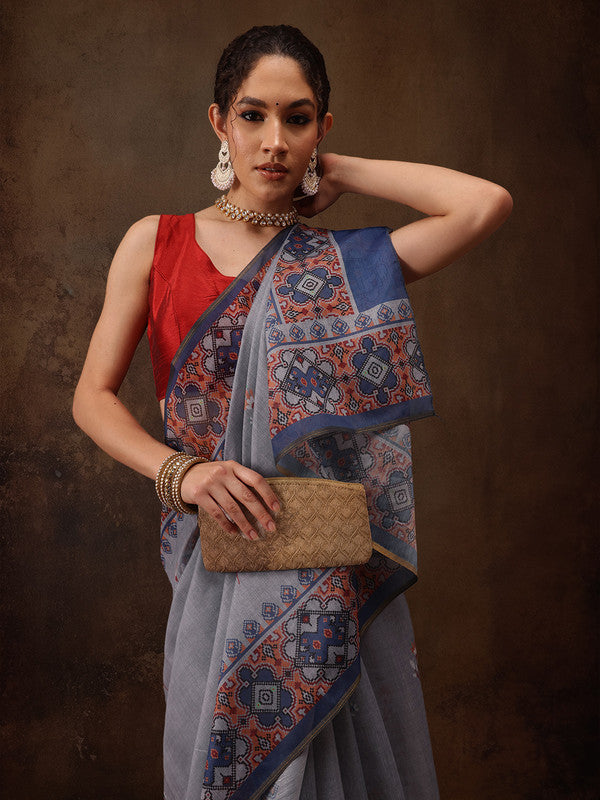 Gray Cotton Blend Saree with Floral Digital Print