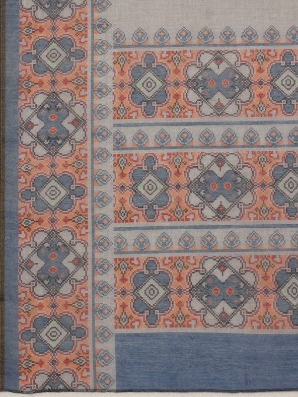 Gray Cotton Blend Saree with Floral Digital Print