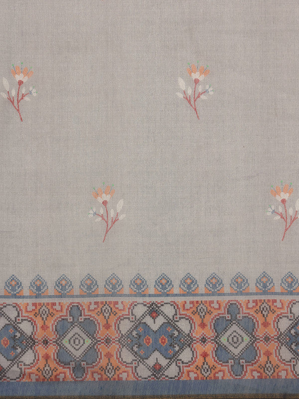Gray Cotton Blend Saree with Floral Digital Print