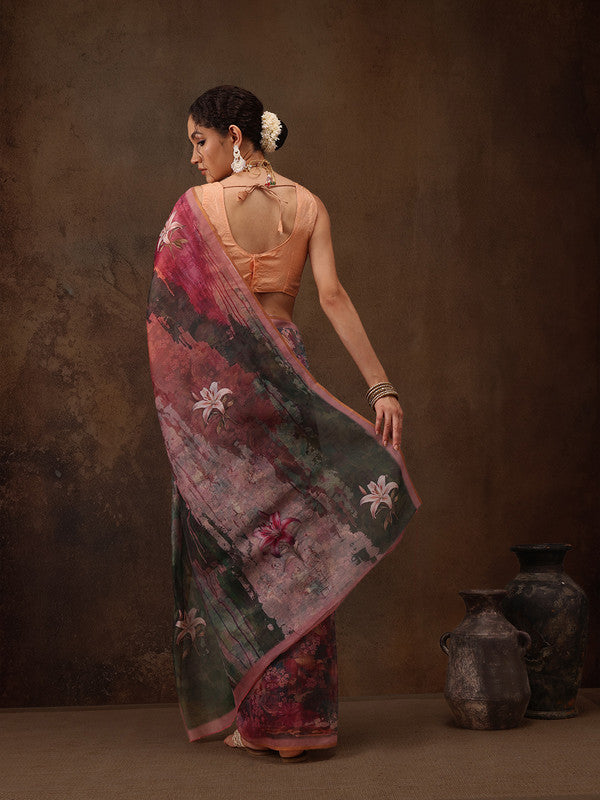 Multicolor Floral Silk Blend Digital Print Saree with Blouse Piece