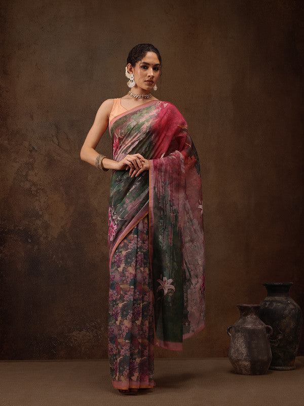 Multicolor Floral Silk Blend Digital Print Saree with Blouse Piece