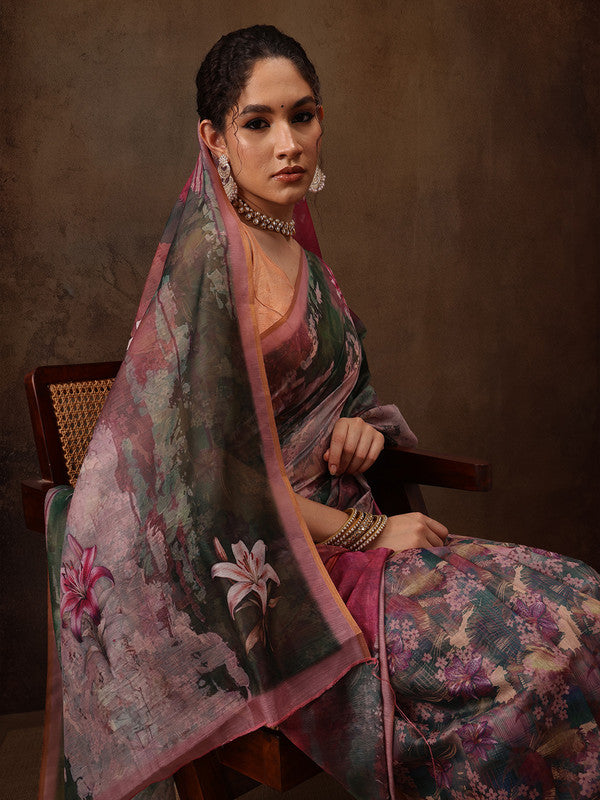 Multicolor Floral Silk Blend Digital Print Saree with Blouse Piece