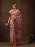 Peach cotton blend saree with digital floral prints and unstitched blouse