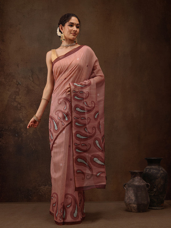 Peach cotton blend saree with digital floral prints and unstitched blouse