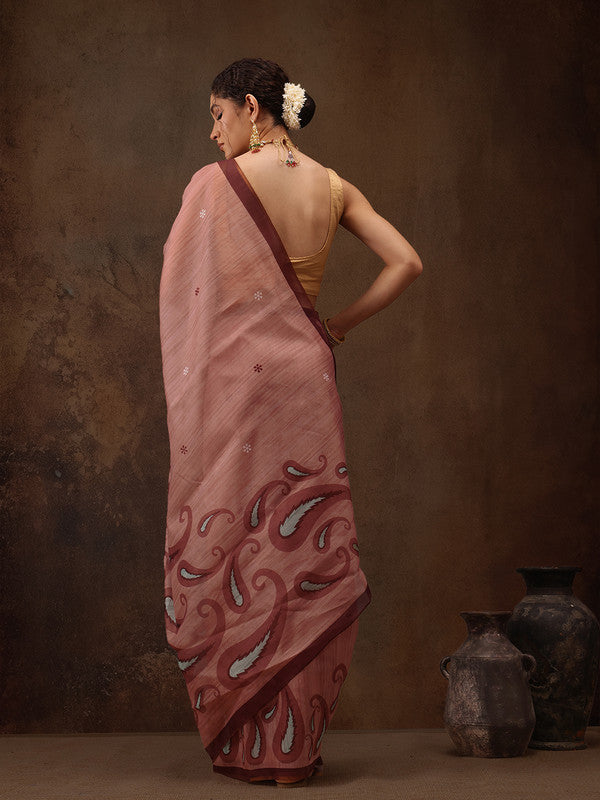 Peach Cotton Blend Digital Print Floral Saree with Unstitched Blouse