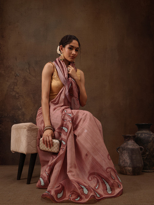 Peach Cotton Blend Digital Print Floral Saree with Unstitched Blouse