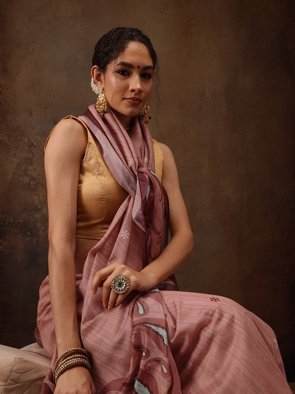 Peach Cotton Blend Digital Print Floral Saree with Unstitched Blouse