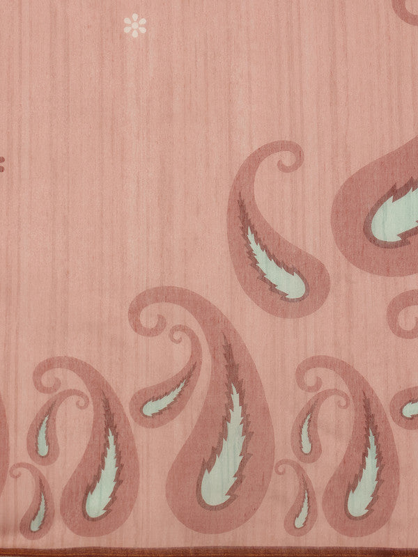 Peach Cotton Blend Digital Print Floral Saree with Unstitched Blouse