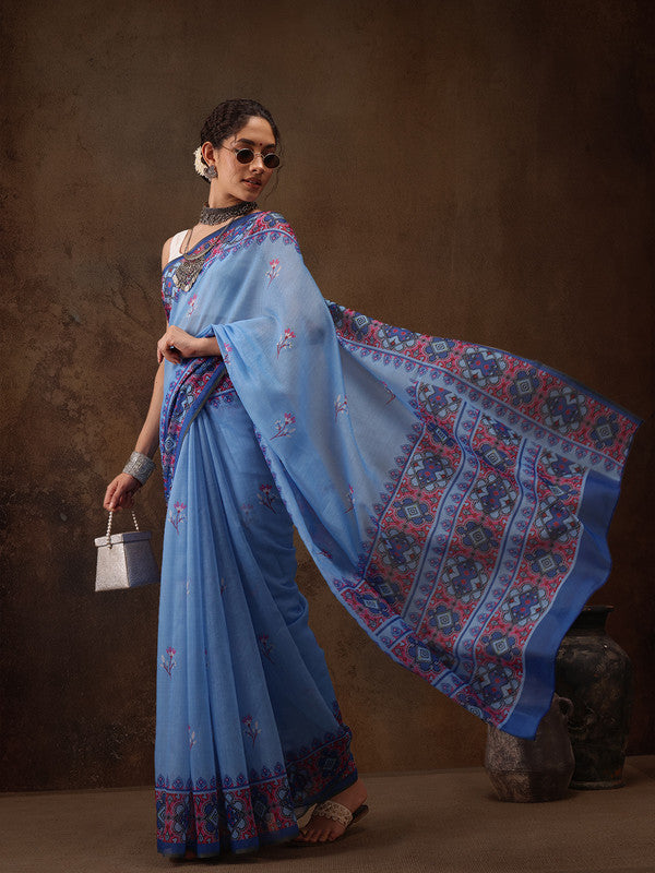Sky Blue Cotton Blend Digital Print Floral Saree with Unstitched Blouse - Hiral Fashion