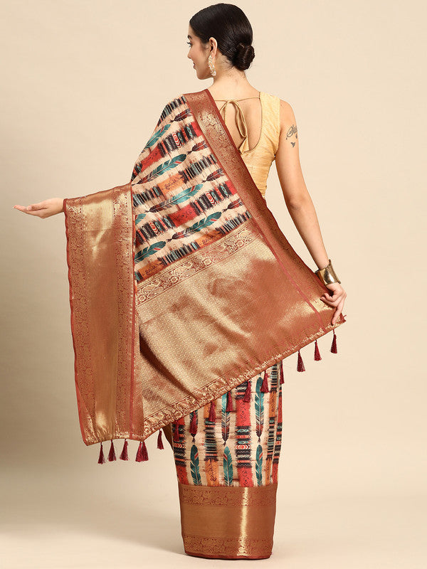 Beige Kanchipuram Silk Abstract Digital Print Saree