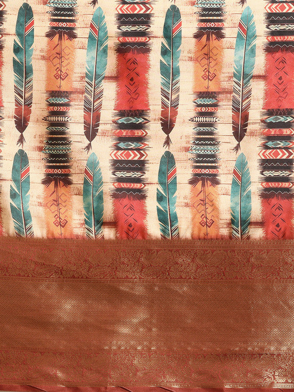 Beige Kanchipuram Silk Abstract Digital Print Saree
