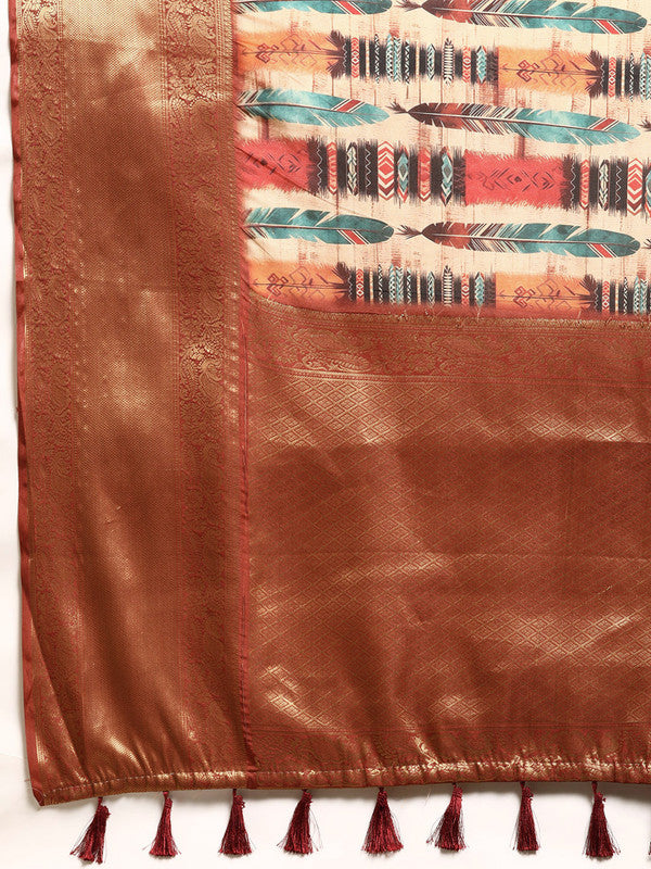 Beige Kanchipuram Silk Abstract Digital Print Saree