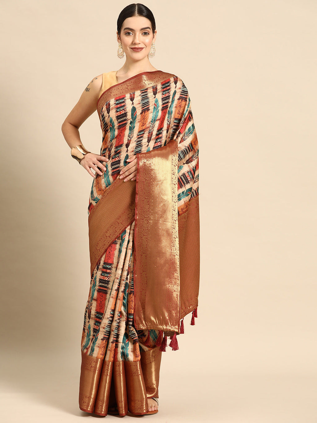 Beige Kanchipuram silk saree with abstract digital print and unstitched blouse