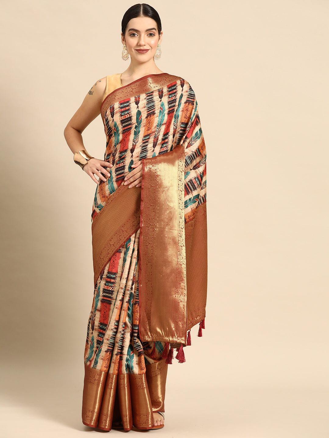 Beige Kanchipuram silk saree with abstract digital print and unstitched blouse