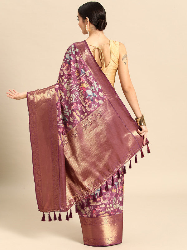 Purple Kanchipuram Silk Saree with Digital Floral Print